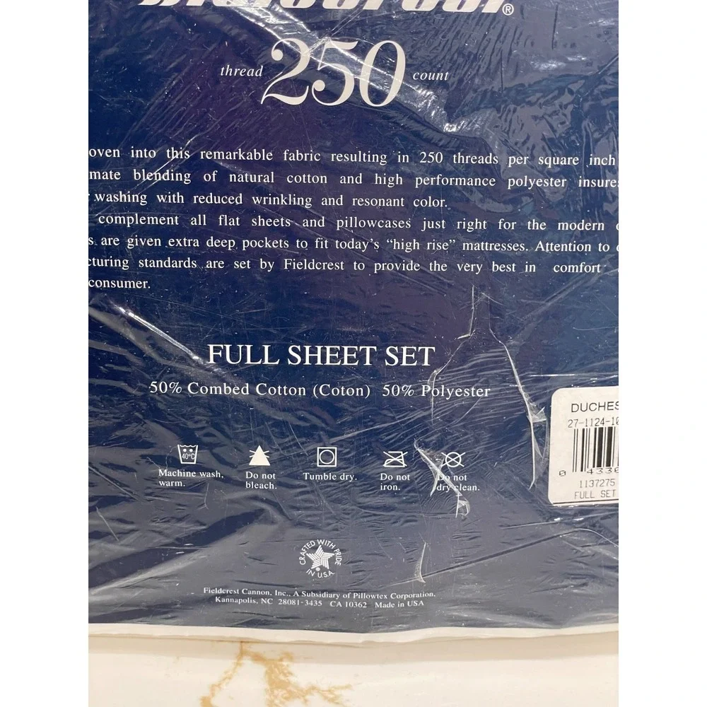 Vintage Fieldcrest Full‎ Sheet Set Fitted Flat 2 Pillowcases White Blue Eyelet